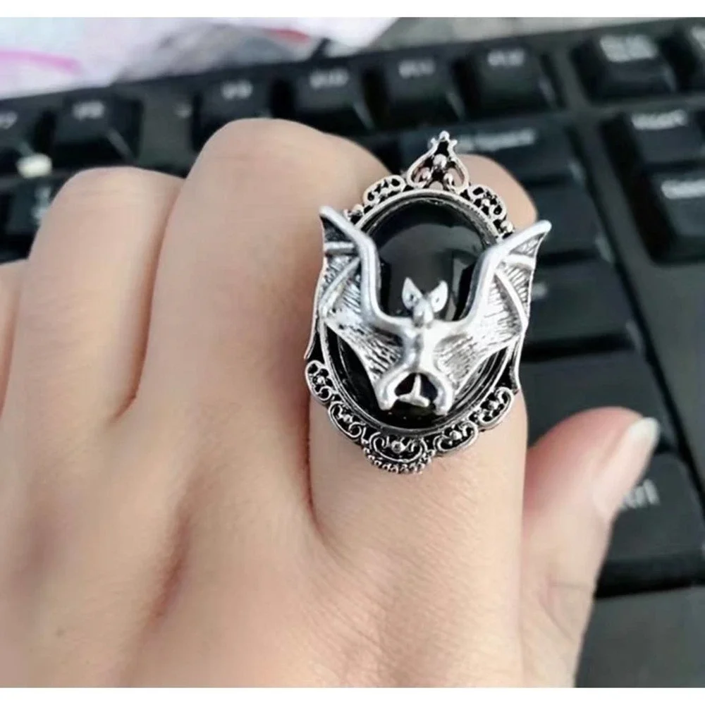 Bat Ring Halloween Gothic‎ Victorian Cameo Faux Onyx Gemstone Open Finger